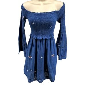 Navy Off Shoulder Smocked Boho Mini‎ Dress Flutter Sleeve M Free People